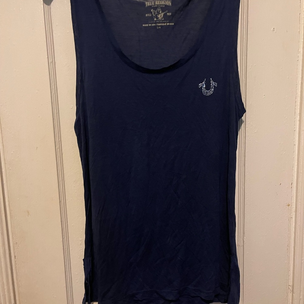 True Religion Navy sheer Blue Tank with Rhinestone Logo